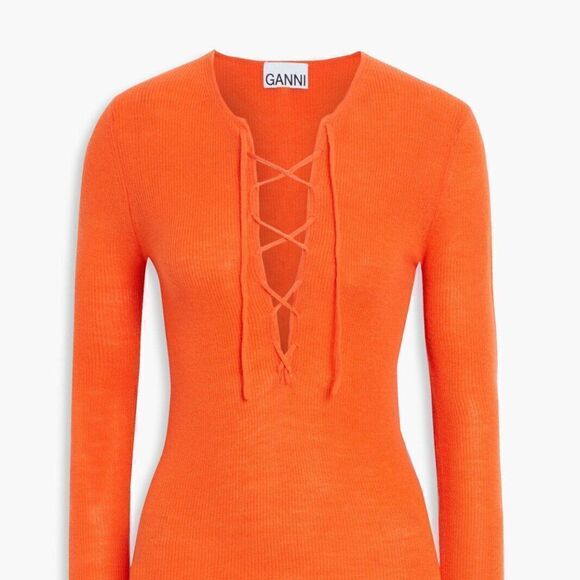GANNI Wool Pullover Jumper Size XXS Thin Knit Lace Up Front Long Sleeves RRP€144 - Picture 4 of 7